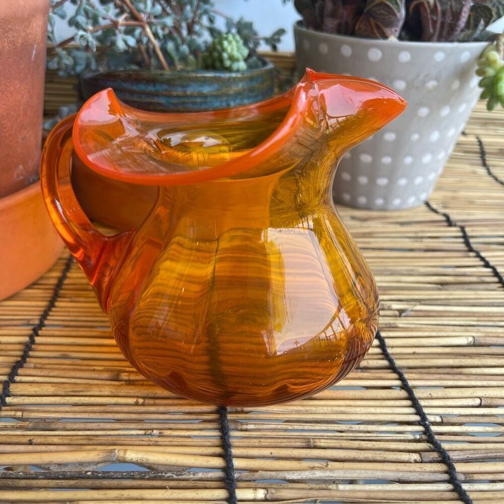 Mid-century modern orange art glass pitcher 1960